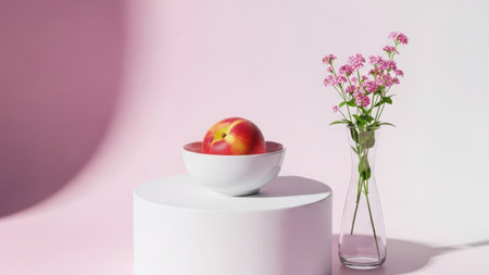 A single apple in a bowl next to a vase of pink flowers on a white pedestalの素材