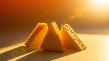 Three slices of cheese arranged on a wooden board with sunlight in the backgroundの素材