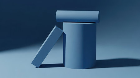 Blue abstract shapes including a cylinder and leaning rectangle isolated on a transparent backgroundの素材