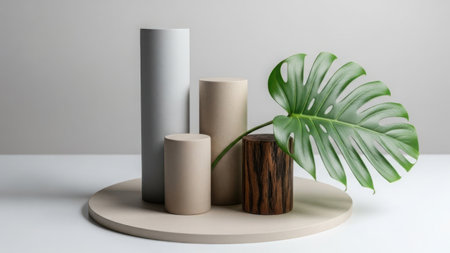 A large green leaf in a wooden vase with three cylindrical objects on a round baseの素材