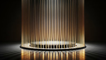 Illuminated cylindrical light fixture with vertical light strips on a reflective surfaceの素材