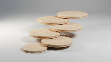 Collection of wooden discs of different sizes isolated on a transparent backgroundの素材