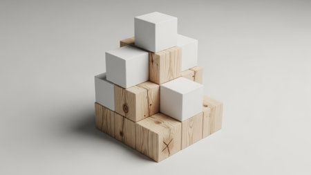 Collection of wooden and white cubes stacked in an abstract arrangement isolated on a transparent backgroundの素材