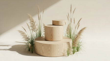 Three wooden pots with grass plants isolated on a light backgroundの素材