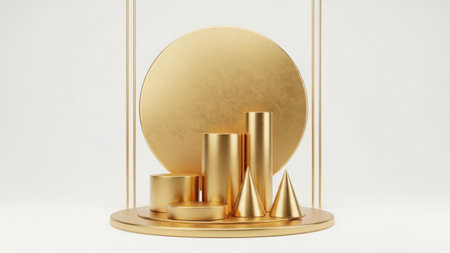 Collection of gold geometric shapes isolated on transparent backgroundの素材