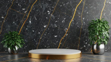 A sleek marble display with gold trim and green plants on either sideの素材