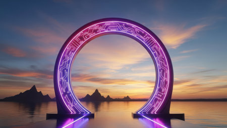 Neonlit arch structure on water during a colorful sunsetの素材