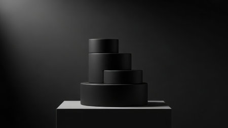 Four black cylinders stacked on a white pedestal against a dark backgroundの素材