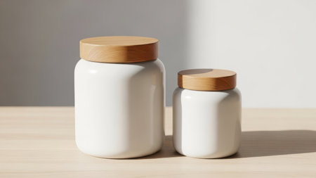 Two white ceramic jars with wooden lids on a wooden surfaceの素材