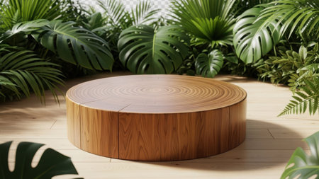 Round wooden coffee table surrounded by tropical plants and greeneryの素材