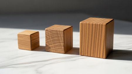 Three wooden cubes of varying sizes on a marble surface under natural lightの素材