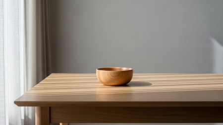 A small wooden bowl sits on a wooden table against a light wallの素材