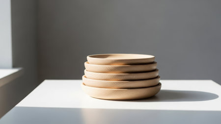 Six wooden plates stacked neatly on a white surface with a gray wall backgroundの素材