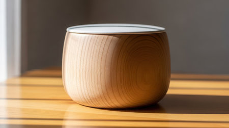 A wooden container sits on a wooden surface in a natural settingの素材