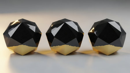 Three black and gold geometric shapes isolated on a transparent backgroundの素材