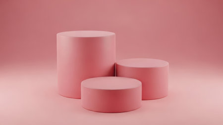 Three pink cylinders of varying heights on a light pink backgroundの素材