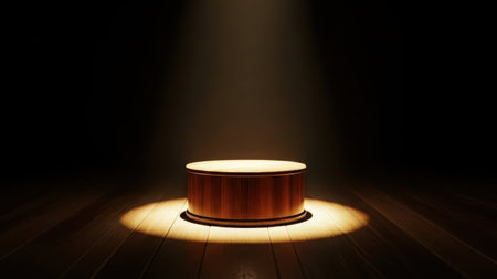 A wooden stage with a spotlight illuminating the centerpieceの素材
