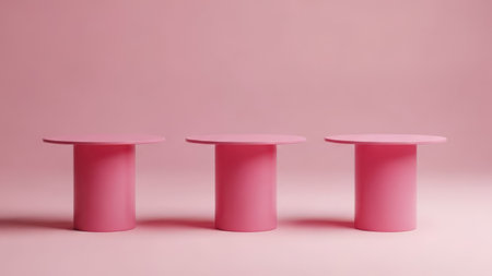Three pink circular tables against a pink backgroundの素材