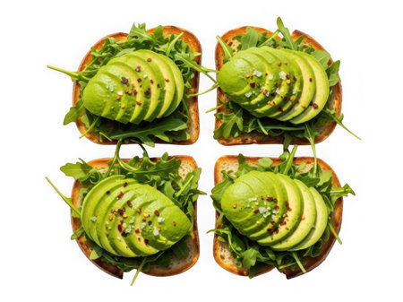 Four slices of avocado toast with greens isolated on a transparent backgroundの素材