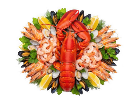 A vibrant seafood platter featuring lobster shrimp mussels and lemon slices isolated on a transparent backgroundの素材