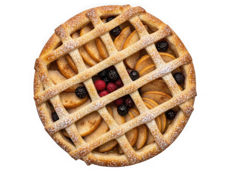 A round fruit pie with apples berries and lattice crust isolated on a transparent backgroundの素材