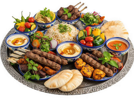 A variety of Middle Eastern dishes including kebabs dips and salads isolated on a transparent backgroundの素材