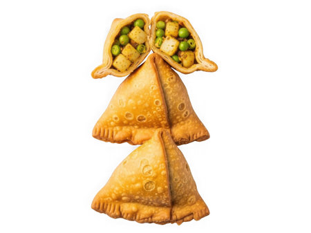 Three goldenbrown samosas filled with peas and potatoes isolated on a transparent backgroundの素材