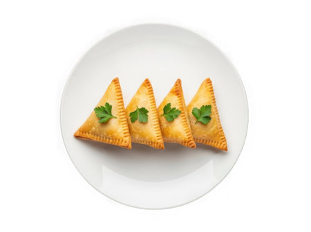 Four goldenbrown pastries arranged neatly on a white plate with parsley garnishの素材