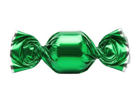 Single green foil wrapped candy isolated on transparent backgroundの素材