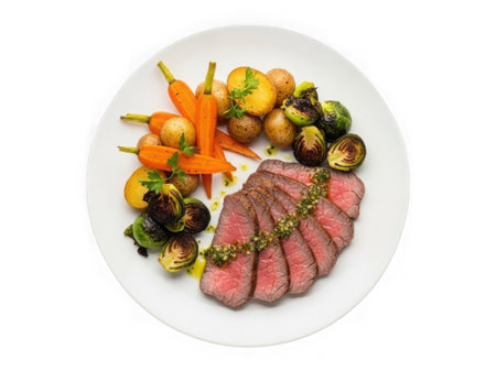 Sliced steak with herbs on a plate surrounded by roasted vegetables isolated on a transparent backgroundの素材