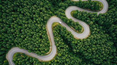An aerial view of a winding road cutting through a dense forest. The road curves gracefully through the lush green trees, creating an intricate pattern. The image is on a transparent background, making it suitable for various digital applications.の素材