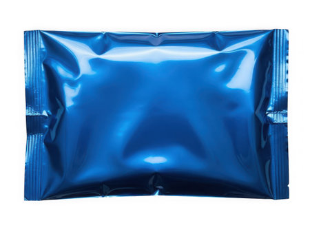 A single shiny blue foil packet isolated on a white backgroundの素材