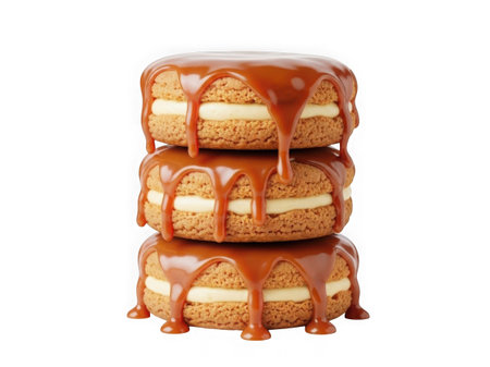 Three carameltopped cookies with cream filling stacked on a transparent backgroundの素材