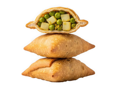 Three goldenbrown fried samosas stacked on a white background filled with peas and potatoesの素材