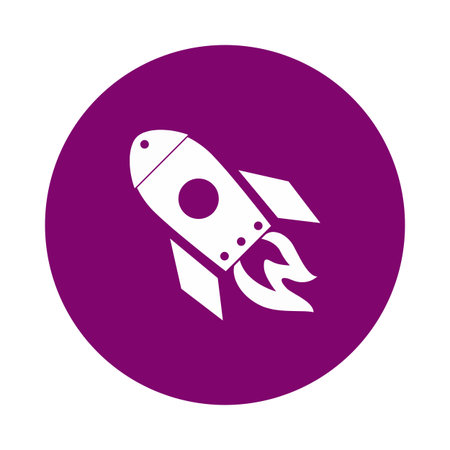 The image features a stylized rocket launching against a vibrant purple background. The rocket is depicted with a white outline, showing a streamlined body with fins and a trail of flames at the bottom, indicating motion and speed. The rocket has a circular window and a pointed nose, emphasizing its futuristic design.の写真素材