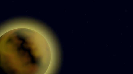 Glowing planet with yellow mist and stars in orbitの写真素材
