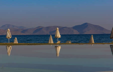View at the pool with mountains in the backgroundの写真素材