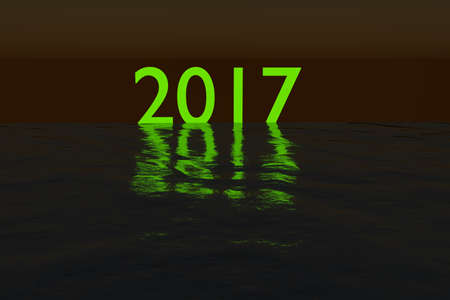 Green glowing 2018 on the sea during night rendered illustrationの写真素材