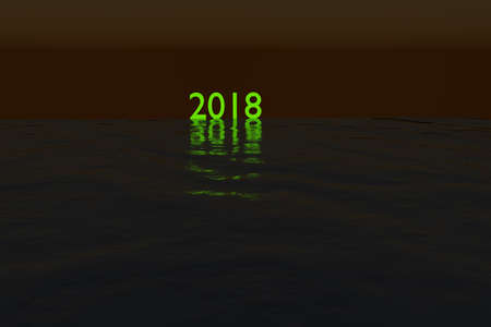 Green glowing 2018 on the sea during night rendered illustrationの写真素材