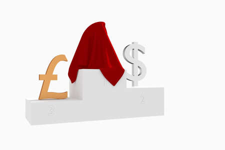 Hidden currency winner colored Dollar and Pound under red cloth 3D rendered illustrationの写真素材