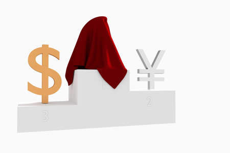 Hidden currency winner colored Yen and Dollar under red cloth 3D rendered illustrationの写真素材