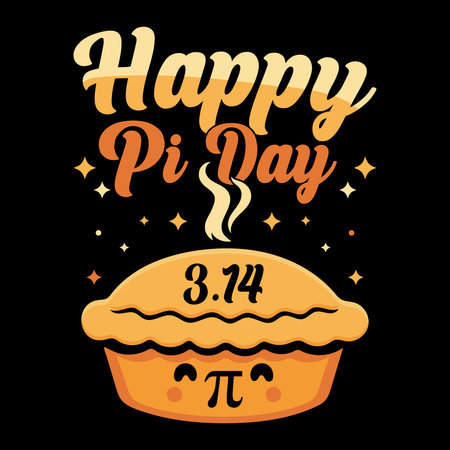 Happy Pi Day typography with cute pie character and 3.14 symbol on black background. Fun math themed vector illustration for March 14 celebration, posters and t-shirt prints.のイラスト素材