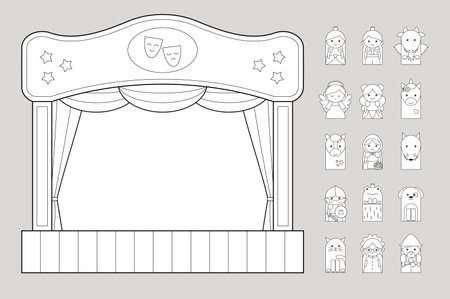 Finger puppet theater with fairy tale characters for paper cut kids activities. Colouring bookのイラスト素材