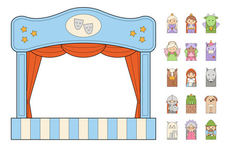 Puppet theater with fairy tale characters for paper cut kids activities. Cartoon style, vectorのイラスト素材