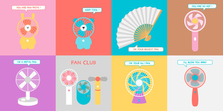 Cute set of cards with hand fans. Funny inscriptions. Flat style. Electric fan iconsのイラスト素材
