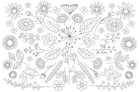 Beautiful set of wild flowers and leaves. Every element is different. Black lines on white backgroundのイラスト素材