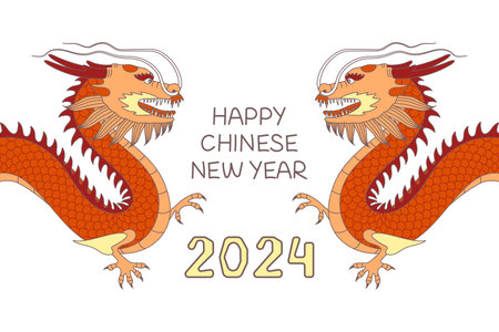 Greeting Card 2024 Happy Chinese New Year with Red Dragons in cartoon style. Vectorのイラスト素材