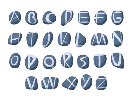 Stone vector alphabet. Blue grey river sea stones with letters stripes different shapes on white background. Flat styleのイラスト素材