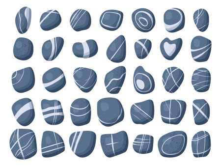 Vector sea river stones isolated on white. Different shapes, stripes, one colour, flat. Alphabet same collection aviableのイラスト素材