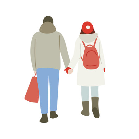 Back View of the Young Couple Walking Together Winter Time Christmas Valentines Day Vintage Flat Style Vectorのイラスト素材